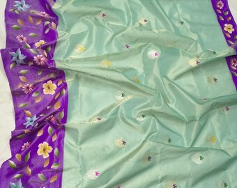 Pure Pista Green Katan Silk Kadwa Buta Saree | Hand-Woven Banarasi Masterpiece | Real Tested Zari