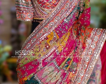 Pure Crepe Silk Saree | Multicolored Patchwork & Aari Embroidery | Mirror Work Sangeet Sari