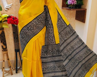 Handloom Katan Silk Saree, Bishnupur Block Print, Dual Tone