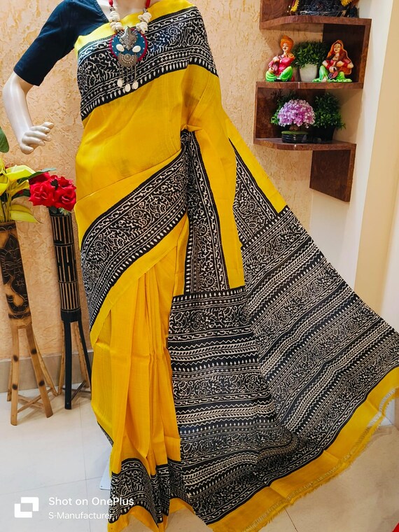 Handloom Katan Silk Saree, Bishnupur Block Print, Dual Tone