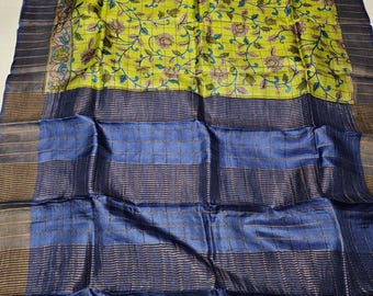 Handloom Tussar Silk Saree, Abstract Kalamkari Floral Print, Wedding Saree