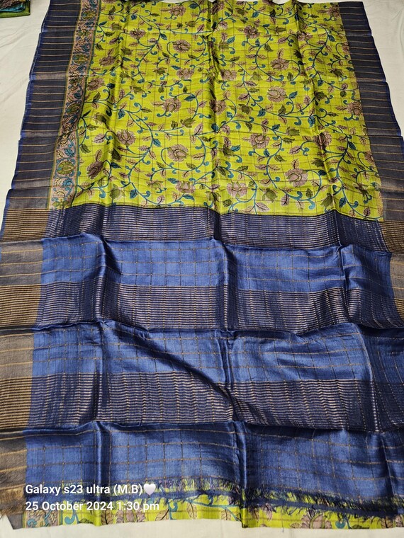 Handloom Tussar Silk Saree, Abstract Kalamkari Floral Print, Wedding Saree