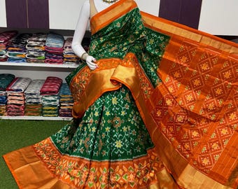 Deep Purple Ikat Silk Saree | Mustard Yellow Patola Border | Traditional Indian Wedding Sari