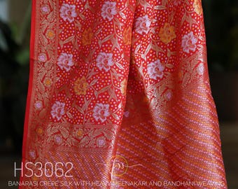 Red Banarasi Crepe Silk Saree | Heavy Meenakari Bandhani Weave | Indian Bridal Wear
