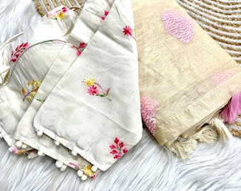Chanderi Silk Saree, Handloom Thread Flower Work, Stitched Blouse
