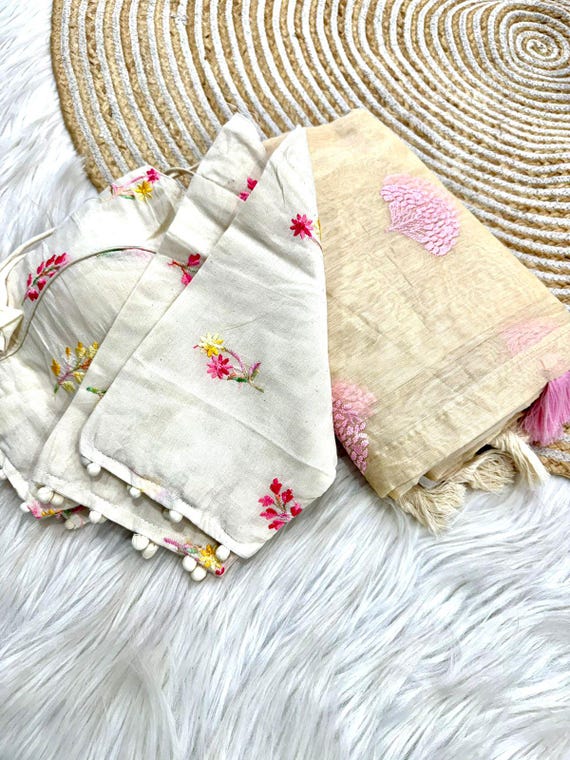Chanderi Silk Saree, Handloom Thread Flower Work, Stitched Blouse