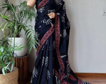 Hand Block Printed Mul Cotton Saree, Kalamkari Flower, Vegetable Dye