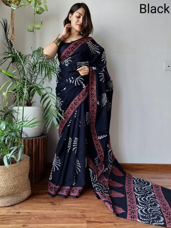 Hand Block Printed Mul Cotton Saree, Kalamkari Flower, Vegetable Dye