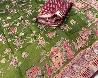 Mul Cotton Saree, Abstract Kalamkari Flower Print, Handloom Vegetable Dye
