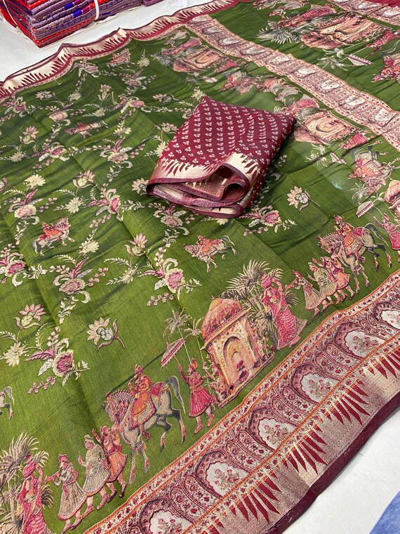 Mul Cotton Saree, Abstract Kalamkari Flower Print, Handloom Vegetable Dye