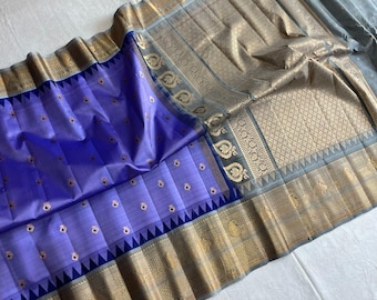 Dazzling Kanchi Pattu Big Temple Border Saree, Small Booti Contrast Blouse Sari Masterpiece