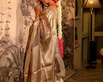 Luminous Pure Gold Tissue Silk Brocade Saree, Soft Bestselling Restocked Wedding Sari Masterpiece