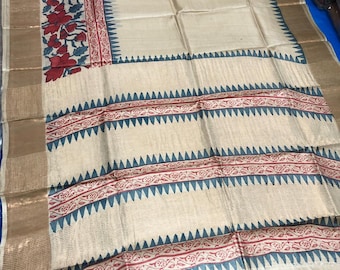 Hand-Painted Tussar Silk Saree: Artisan Certified Handloom Wrap Wedding Gift Sari