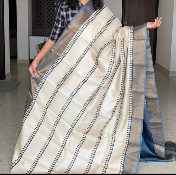 Muga tussar Silk Saree, Wedding Blouse Saree, Abstract Kalamkari Flower Handloom One piece Saree, Wedding gift SareeBlouse, tassels on pallu