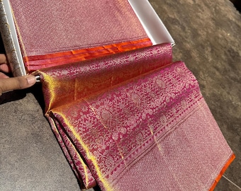 Pure Kanjeevaram Silk Saree | Magenta Pink Gold Zari Weave, Orange Border