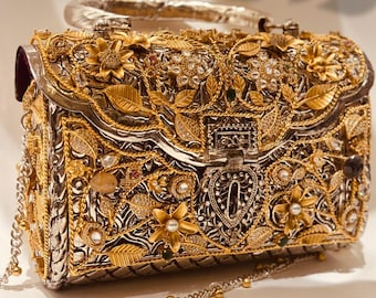 Handcrafted Brass Clutch Bag, Beaded Bridal Evening Handbag