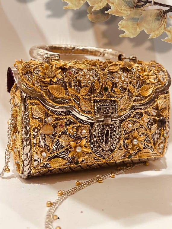 Handcrafted Brass Clutch Bag, Beaded Bridal Evening Handbag