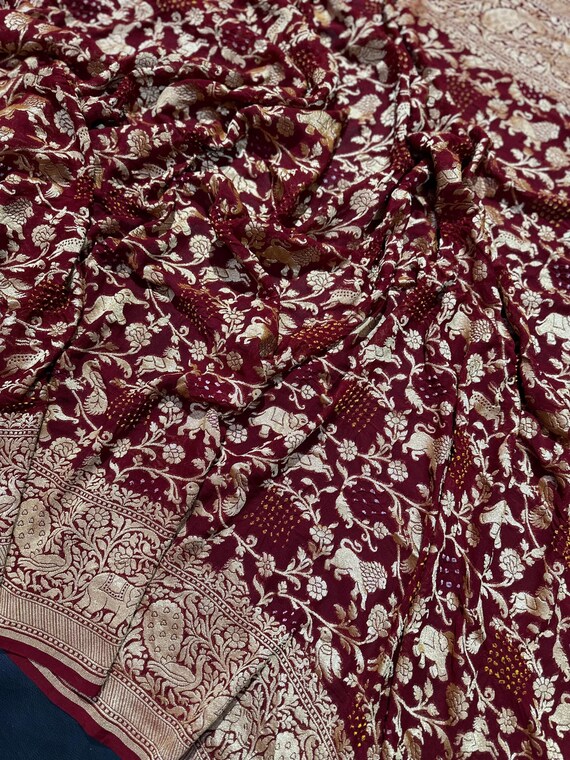 Banarasi Khaddi Bandhej Georgette Saree, Handloom Silk Border