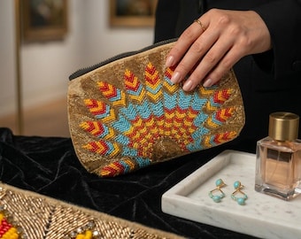 Handmade Beaded Clutch Bag | Vibrant Abstract Seed Bead Art | Sustainable Upcycled Pouch