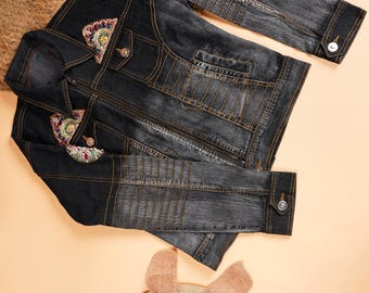 Rave Embellished Denim Jacket Neutral Festival Clothing Gift Hand embroidery Jacket.