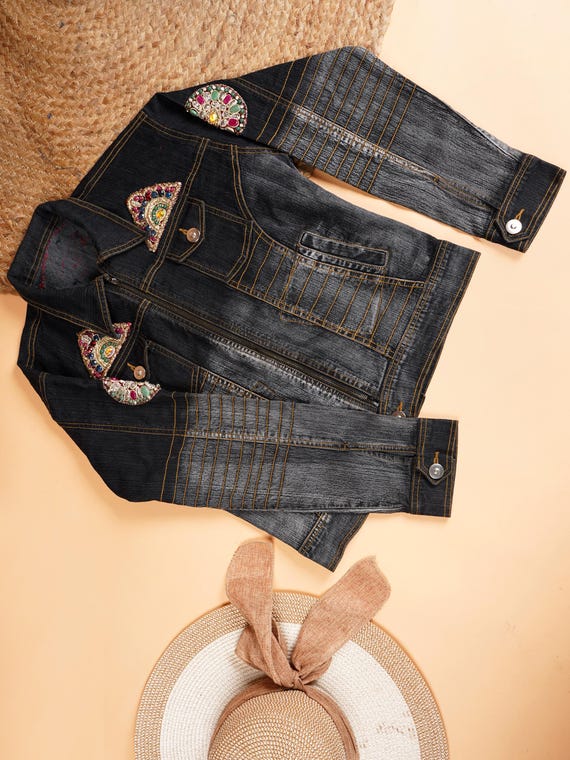 Rave Embellished Denim Jacket Neutral Festival Clothing Gift Hand embroidery Jacket.