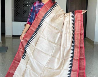 Handloom Muga Tussar Silk Saree, Abstract Kalamkari Print
