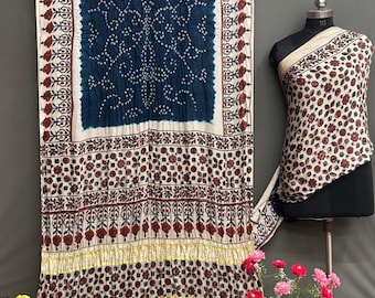 Natural Dye Ajrakh Dola Silk Saree | Hand Block Print Zari Border | Heritage Wrap