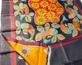 Hand-Painted Tussar Silk Saree: Artisan Certified Handloom Wrap Wedding Gift Sari