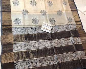 Handloom Tussar Silk Saree, Zari Border, Floral Painted Wedding Saree
