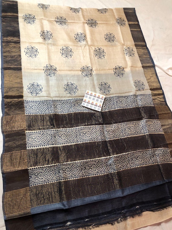 Handloom Tussar Silk Saree, Zari Border, Floral Painted Wedding Saree