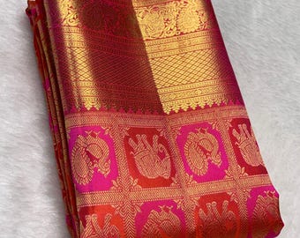 Mint Green Brocade Silk Saree | Magenta Pink Floral Border | Traditional Wedding Sari
