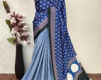 Hand Block Print Modal Ajrakh Saree | Natural Dye Butterfly Motif | Heritage Art
