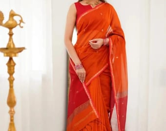 Vibrant Orange Silk Saree | Red Contrast Pallu, Gold Zari Butti, Lightweight Festive Sari