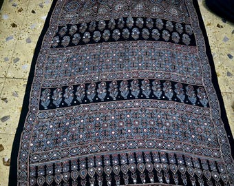 Ajrakh mirror work Modal Silk Saree, Abstract Kalamkari Floral Handloom, Tassels