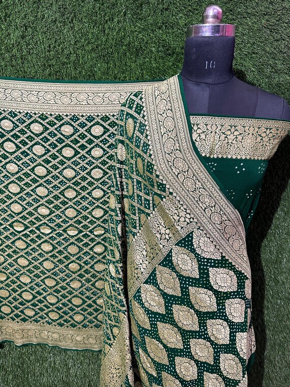 Handloom Banarasi Khaddi Georgette Bandhej Saree, Silk Border