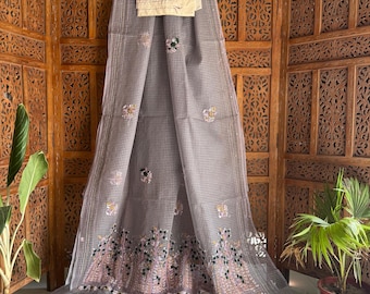 Artisanal Handcrafted Resham Kota Saree, Bullion Kantha Embroidered Matching Blouse Sari Heirloom Ensemble