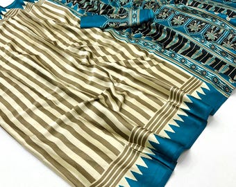 Modal Silk Ajrakh Saree, Abstract Leaf Print, Wedding Party Sari