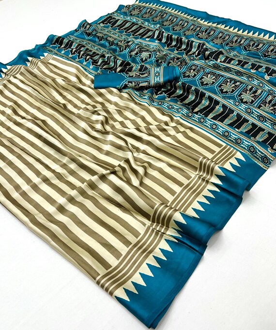 Modal Silk Ajrakh Saree, Abstract Leaf Print, Wedding Party Sari