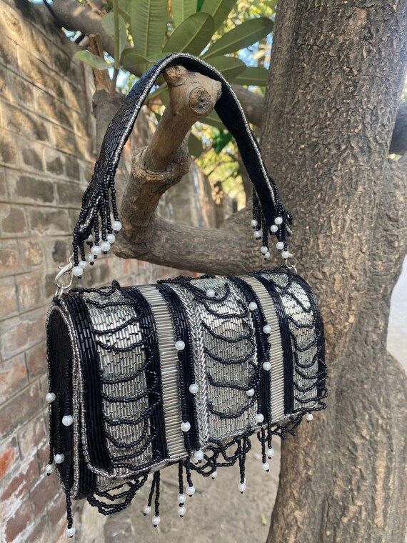 Handmade Beaded Bridal Potli Bag, Luxury Clutch with Pearl Handle