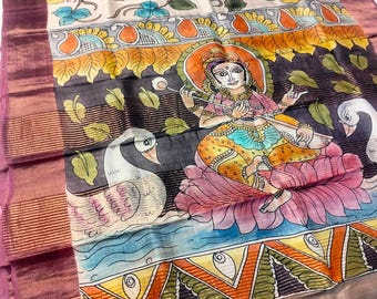 Hand-Painted Tussar Silk Saree: Artisan Certified Handloom Wrap Wedding Gift Sari