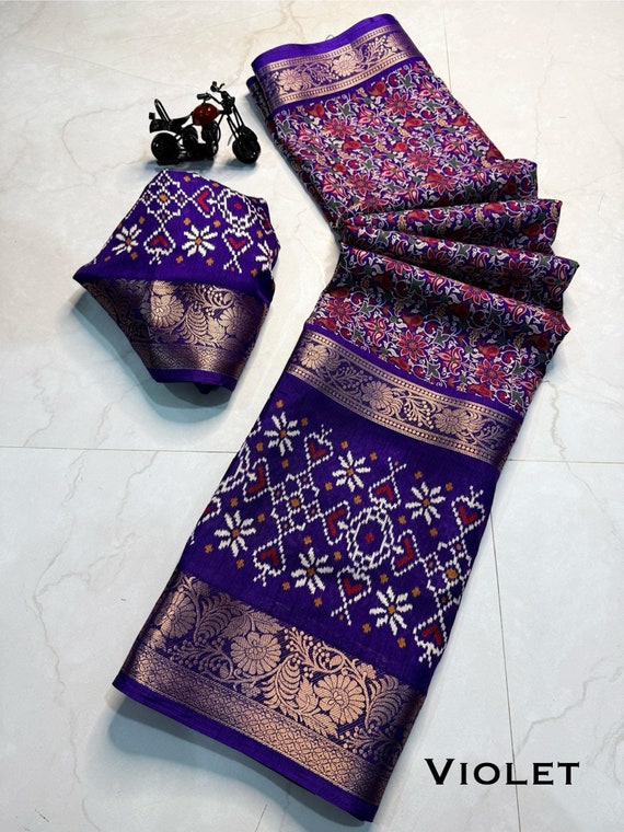 Handloom Chanderi Silk Saree, Kalamkari Floral Zari Border, Wedding SareeBlouse