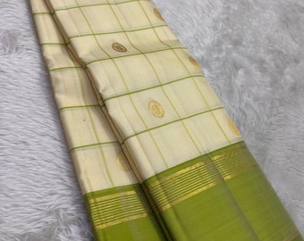 Off White Checkered Silk Saree | Light Green Contrast Border, Minimalist Wedding Wear