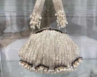 Silver Beaded Chevron Clutch | Pearl Fringe Vintage Style Bag | Boho Glam Purse