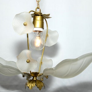 Rare 1960s 2-Arm Chandelier Decorated with Large Frosted Glass Leaves