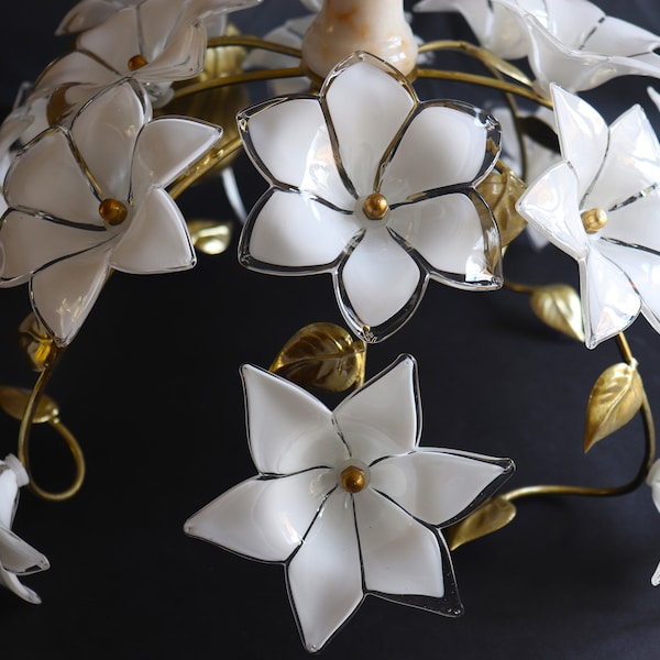 Rare 1970s Murano Star Flower Chandelier with Handmade White Glass Flowers and Marble Body