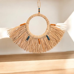 Raffia Wall Mirror Decor: Boho Beaded Wall Hanging Set