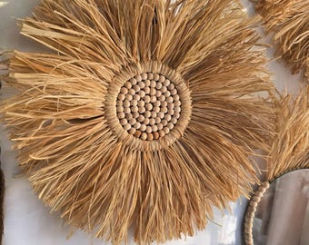 Natural Raffia Wall Decor with Wooden Beads, Boho Wall Hanging, Handmade Fiber Wall Art, Rustic Coastal Home Decor, Sunburst Wall Decoration