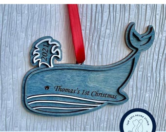 Adorno de ballena, archivo SVG para Glowforge o cortador láser, Primera Navidad del bebé 2023, Océano y vida marina