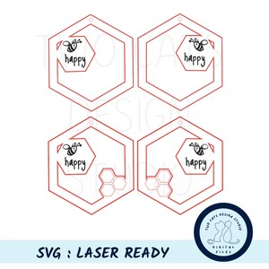 May include: Four red hexagonal laser cut SVG files with a bee and the word "happy" inside each hexagon. The bottom two hexagons have a honeycomb pattern.