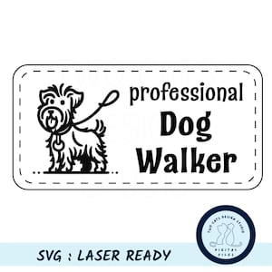 May include: Black and white illustration of a dog on a lead with the text "professional Dog Walker" in a white rectangle with a black border.